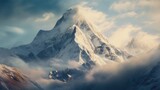 Fototapeta Góry - Snow-covered mountain under cloudy sky. Ideal for travel blogs