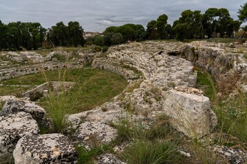 Sticker - view of the ruins of the historic Roman amphitheater in Syracuse