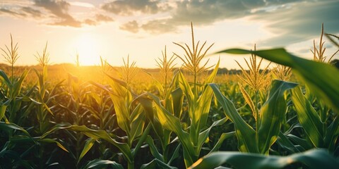 Poster - Beautiful cornfield with the sun setting in the background. Perfect for agricultural or nature themed projects