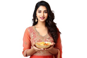 A beautiful young woman holding a bowl of food. Perfect for food and nutrition concepts