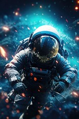 Poster - A man in a space suit soaring through the air. Ideal for science fiction or space exploration concepts