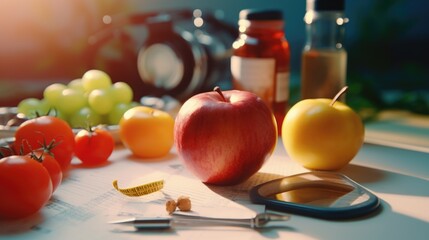 Aufkleber - Colorful fruits and vegetables with measuring tape on table, healthy lifestyle concept