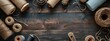 Vintage sewing tools and thread spools on rustic wooden table, crafting concept – Concept of traditional crafts, handmade goods
