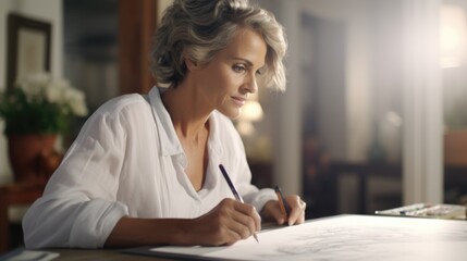 Poster - Woman sitting at a table writing on a piece of paper. Suitable for educational or office themes