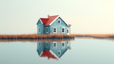 Fototapeta Lawenda - small blue house with a red roof, reflected in the calm waters of a pond or lake. The house is surrounded by dry grass and the sky is pale and clear