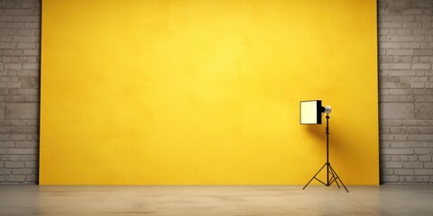 Poster - A professional photo studio with a bright yellow wall and a sturdy tripod. Ideal for photography projects
