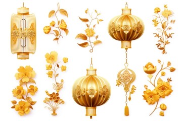 Poster - Colorful Chinese lanterns and flowers on a clean white background. Perfect for festive decorations or cultural events