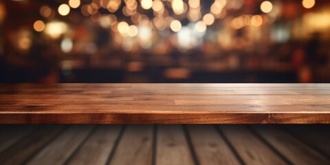 Poster - A wooden table with blurred lights in the background. Suitable for various design projects