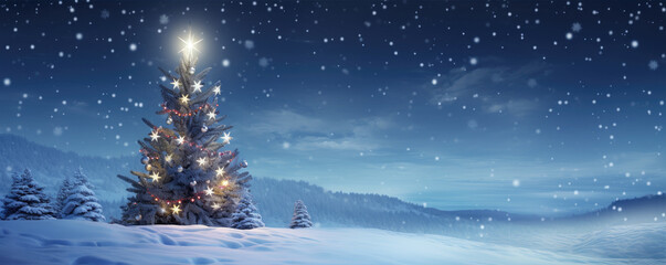 Wall Mural - Beautiful christmas tree in fairytale snowy landscape. Wallpaper and background.