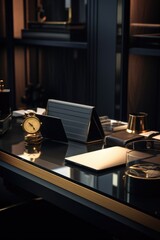 Poster - A desk with a clock and a laptop, perfect for office or time management concepts