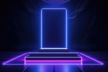 Poster - A blue and purple neon frame in a dark room. Perfect for adding a futuristic touch to designs