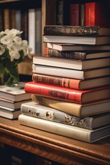 Poster - A stack of books on a wooden table, suitable for education and reading concepts