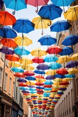 Poster - Colorful umbrellas hanging from the ceiling, perfect for adding a pop of color to any space