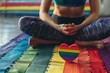 A serene woman sits cross-legged on a mat, surrounded by a vibrant rainbow heart, symbolizing love and positivity in a tranquil setting