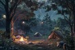 Tranquil Camping Scene at Dusk with Bonfire and Ground Protection Sheet in a Japanese Forest
