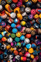 Poster - A pile of different colored spray cans stacked on top of each other. Perfect for art and graffiti projects