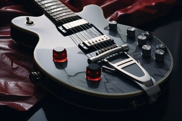 Poster - A black electric guitar resting on a vibrant red sheet. Perfect for music-related designs