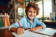 © Fotograf - A young boy sitting at a table with a pencil in his hand. Suitable for educational and artistic themes