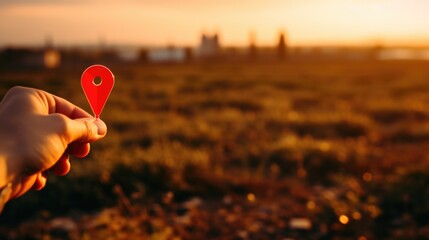 Fototapete - Person holding a red pin with a city in the background. Suitable for travel and navigation concepts