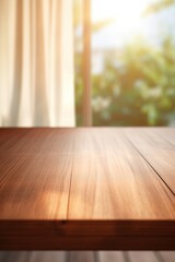 Poster - A wooden table with a window in the background. Suitable for interior design concepts