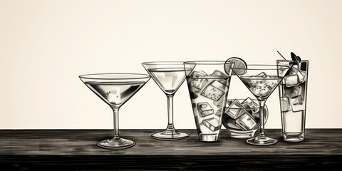 Aufkleber - A collection of cocktail glasses arranged on a table, suitable for bar or restaurant concepts