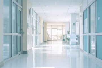 Poster - A hospital hallway with a clock on the wall. Suitable for medical concepts