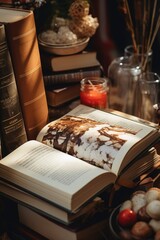 Poster - An open book resting on a table. Ideal for educational and reading concepts