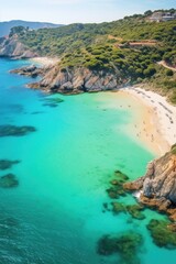 Poster - A scenic view of a sandy beach with crystal clear blue water. Ideal for travel and vacation concepts
