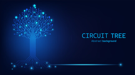 Leinwandbilder - Circuit board tree. Digital circuit board internet connection concept. Hi Tech dark blue color. Computer motherboard system. Vector illustration dots, lines and square social network and connecting.