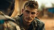 © Irina Ukrainets - Intense gaze of a young soldier during a serious conversation in a desert setting. realistic and emotional portrait. AI