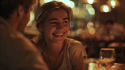 Wall Mural - Smiling young woman enjoying conversation in a cozy cafe setting captured in warm tones. perfect for lifestyle use. lifestyle, candid, authentic moment. AI