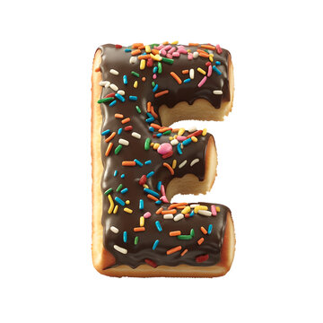 Alphabet E made from donut on transparent background, PNG file. Generative AI