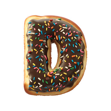 Alphabet D made from donut on transparent background, PNG file. Generative AI