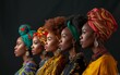 Diverse group of African women standing together, each wearing vibrant head wraps as part of their cultural attire