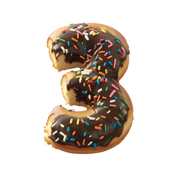 Number 3 made from donut on transparent background, PNG file. Generative AI