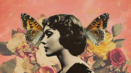 Wall Mural - Paper collage with a woman portrait and butterflies