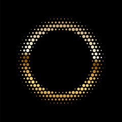 Poster - Gold dotted luxury halftone round frame. Golden shining abstract background with light glow elements. Glitter pattern circle logo. Modern futuristic graphic vector illustration. Glowing decoration