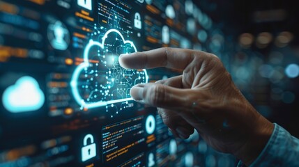 Poster - Hand interacting with a futuristic digital cloud computing concept on a virtual interface with glowing circuit patterns.