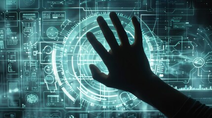 Poster - Silhouette of a hand touching a high-tech screen with complex graphical user interface elements and data readouts.