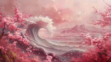 Artistic Rendition Blending The Dynamic Energy Of Hokusai-style Waves With The Serene Beauty Of Pink Sakura Trees. This Abstract Background Merges The Powerful Motion Of The Sea, AI Generative