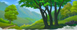 The summer time vector green land with meadows, trees, hill, mountains and a serpentine dirt road.
