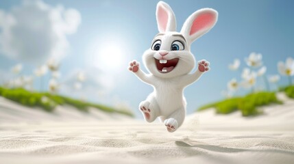 Wall Mural - Cartoon bunny in mid-jump, radiating joy for World Smile Day, isolated against a pristine white backdrop, AI Generative