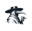 The Plague doctor with his cigar. Black white vector illustration.