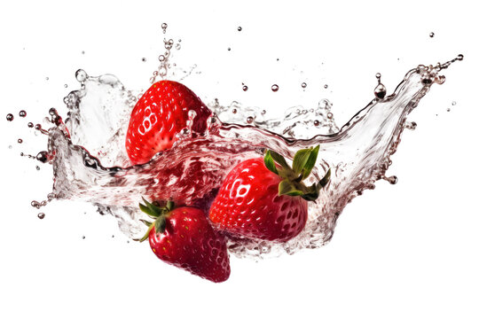 Fresh strawberries splashing into crystal clear water