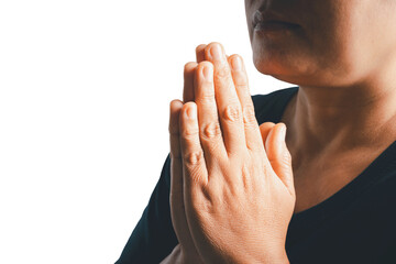 Sticker - Close up woman believes in god, person hands praying on isolated white background. Asian woman stands in meditative pose, holds hands in praying gesture, has sense of inner peace, Religion concept.