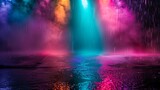 Fototapeta Tęcza - Abstract background. Dark empty stage, multi-colored rays of a neon searchlight, wet asphalt, smoke, night shooting, bokeh color. Generative Ai