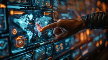 Poster - Hand touching with a high-tech network wireless connection on holographic world map interface. Hand touching a display of global data exchange, visualizing the worldwide flow of information