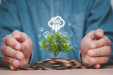 Wall Mural - Businessman hand protecting heap of coins and tree with carbon reduction icon for decrease CO2 , carbon footprint and carbon credit to limit global warming from climate change and circular economy.