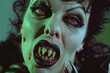 © Ricky - retro vampire horror movie character actress vintage colorized photo, green halloween villain makeup with sharp teeth