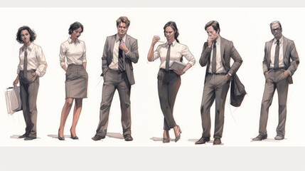 Aufkleber - Generative AI A set of detailed character sketches presenting a series of businesspersons, both male and female, against a pure white background.